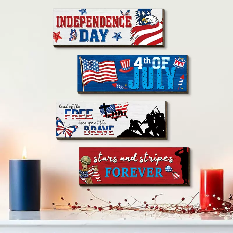 跨境新款美国250周年纪念四联木质挂牌红蓝星星墙壁装饰壁挂壁饰