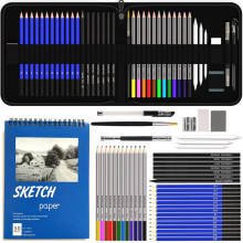 43支彩色铅笔套装 带50 页素描本 41件素描笔套装拉链盒 水彩铅笔