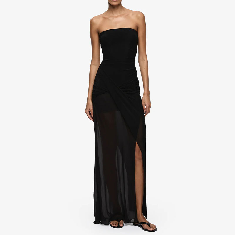 Cross-Border Ins-Style Strapless Mesh Evening Dress with High Slit, Sheer, Slim-Fit, Floor-Length Dress, European and American Foreign Trade Women's Clothing