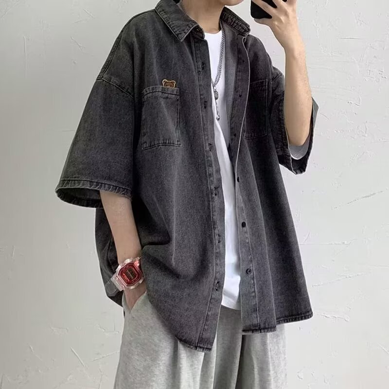 香港風和風デニムシャツメンズ半袖夏服ハンサムシャツサマージャケットトレンディなブランドデザインニッチ|undefined