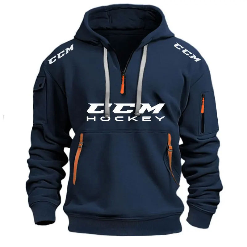 Cross-Border Ccm-Hockey Printed Street Fashion Sports Men's Sweatshirt with Hood, Zipper, and Multiple Pockets
