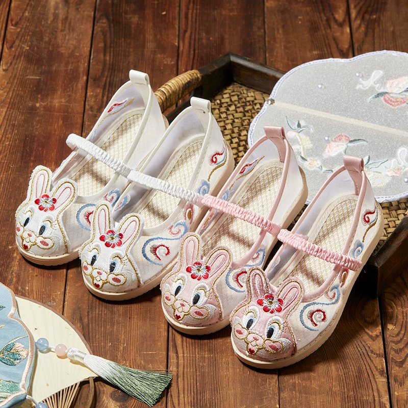 Сетчатая дышащая обувь с вышивкой Bunny Hanfu, женская обувь, старинная одежда в этническом стиле, Тканевая обувь с вышивкой, детская танцевальная обувь