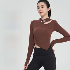 New Style Cheongsam Collar Chinese Autumn/Winter Slimming Long Sleeve Yoga Top Women's Fitness Top with Breast Pad