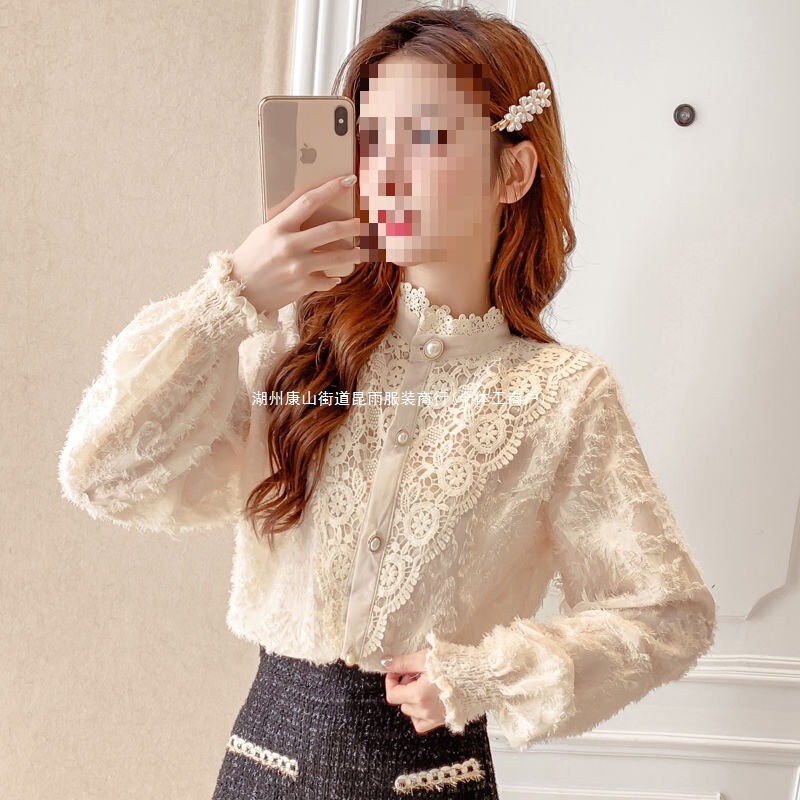 Lace Shirt for Women, Autumn and Winter New Style, Half-High Collar, Loose Long-Sleeve Stand Collar Shirt, Fleece-Lined, Thickened, Versatile Base Shirt, Trendy