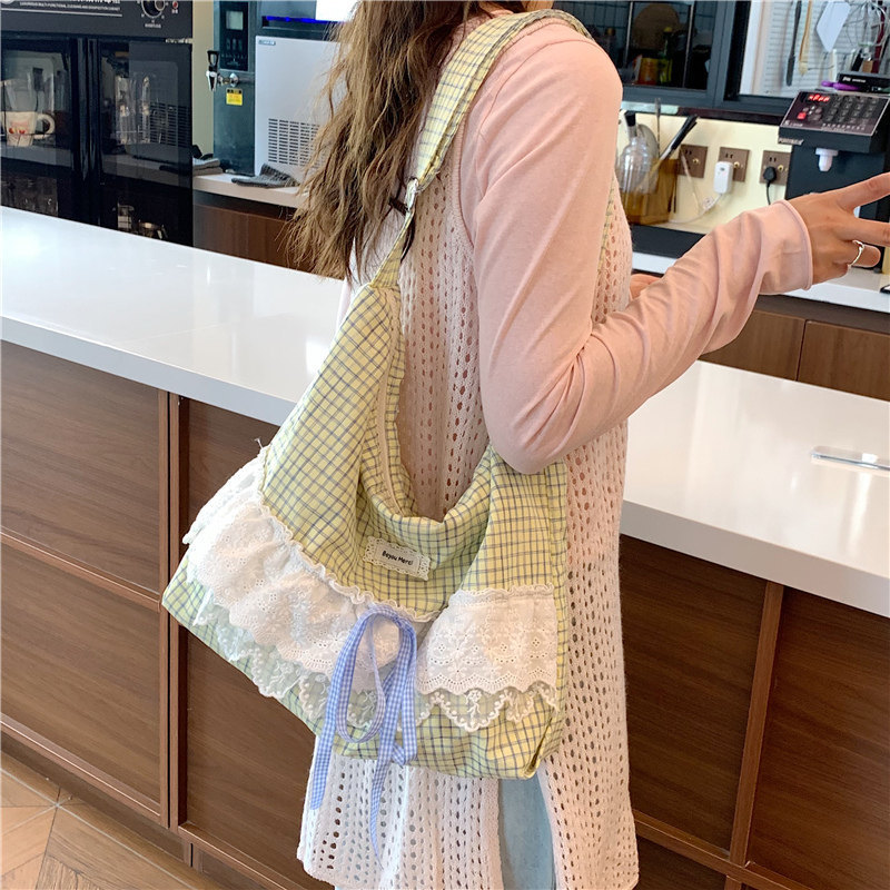 Original New Spring Style Fresh and Sweet Forest-Style Lace-Edged Cotton Bag with Plaid Design, Single Shoulder Women's Bag, Crossbody Bag