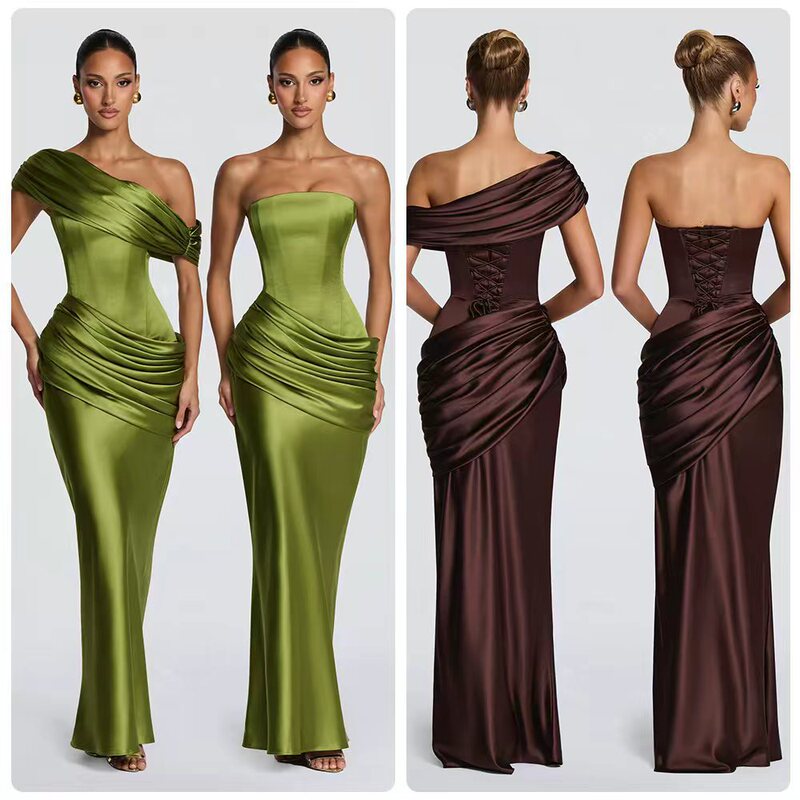 High-gloss satin detachable pleated asymmetrical collar corset waist cinching fishtail long formal dress