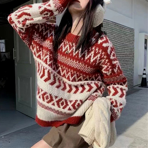 Autumn/Winter Red Christmas Chic Petite Women's Retro Loose Outerwear Lazy Style Knit Top