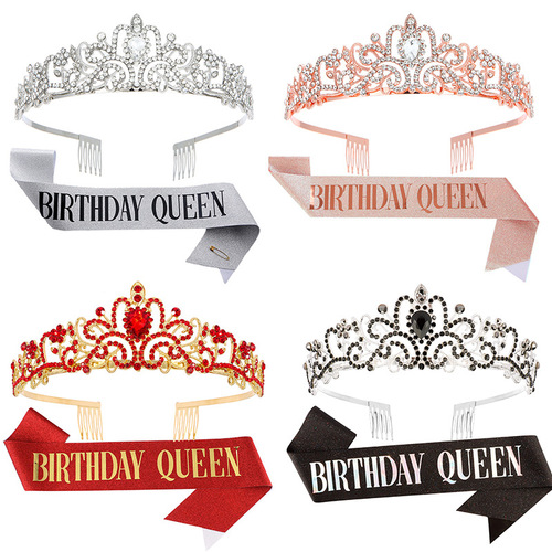 European and American Fashion Crystal Crown Belt Ceremony Belt Birthday Headwear Crown Birthday Girl Ribbon Wholesale