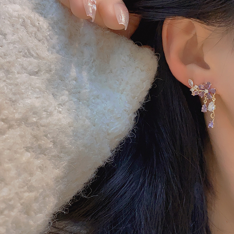 Zircon Inlay Material 1 Pair Elegant Flower Plating Inlay Copper Zircon Drop Earrings