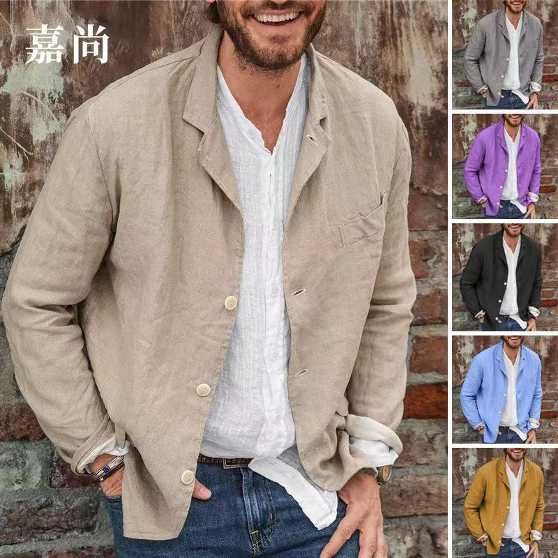 2024 European and American Amazon Cotton and Linen Suit Jacket Men's Spring & Fall Cross-Border Popular Casual Loose Suit Top