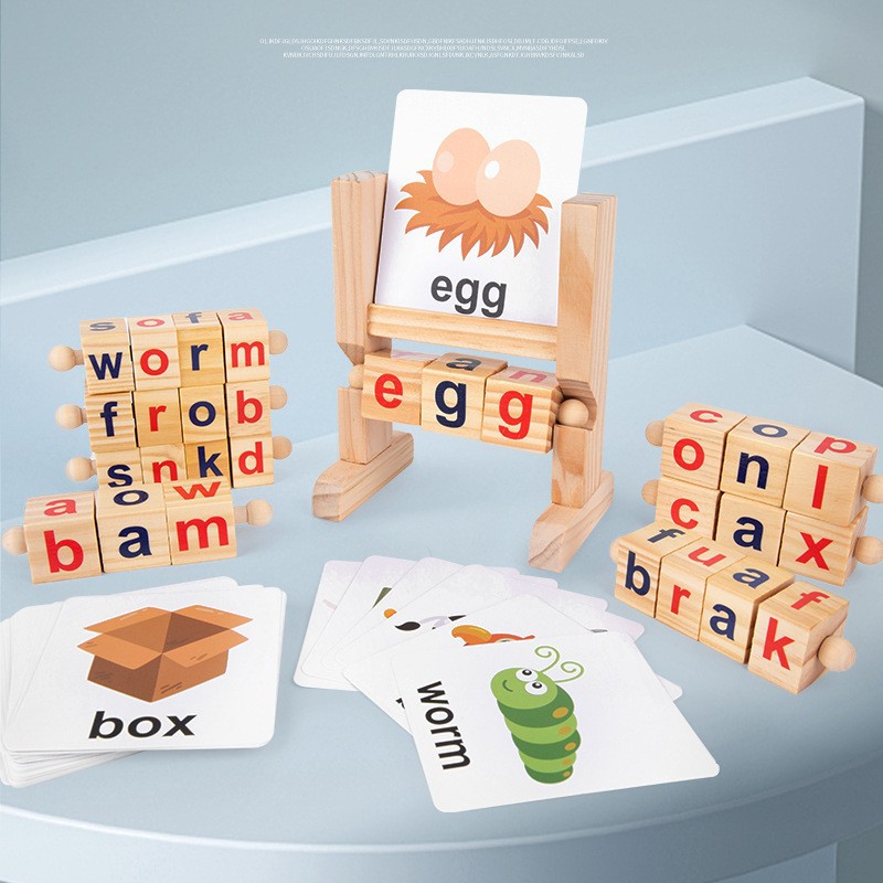 Cross-border Hot Mining Wooden Reading Letter Spelling Building Blocks Game Children's Jigsaw Puzzle Montessori Rotating Letter Toy