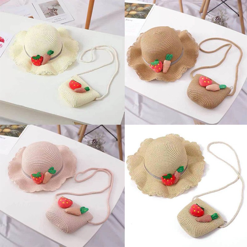 儿童帽子包包两件套女童夏季新款卡通水果沙滩帽遮阳防晒编织草帽|ru