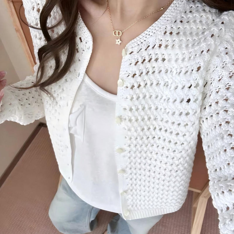 R~Hollow-out crochet pony cardigan, crocheted cotton knit cardigan