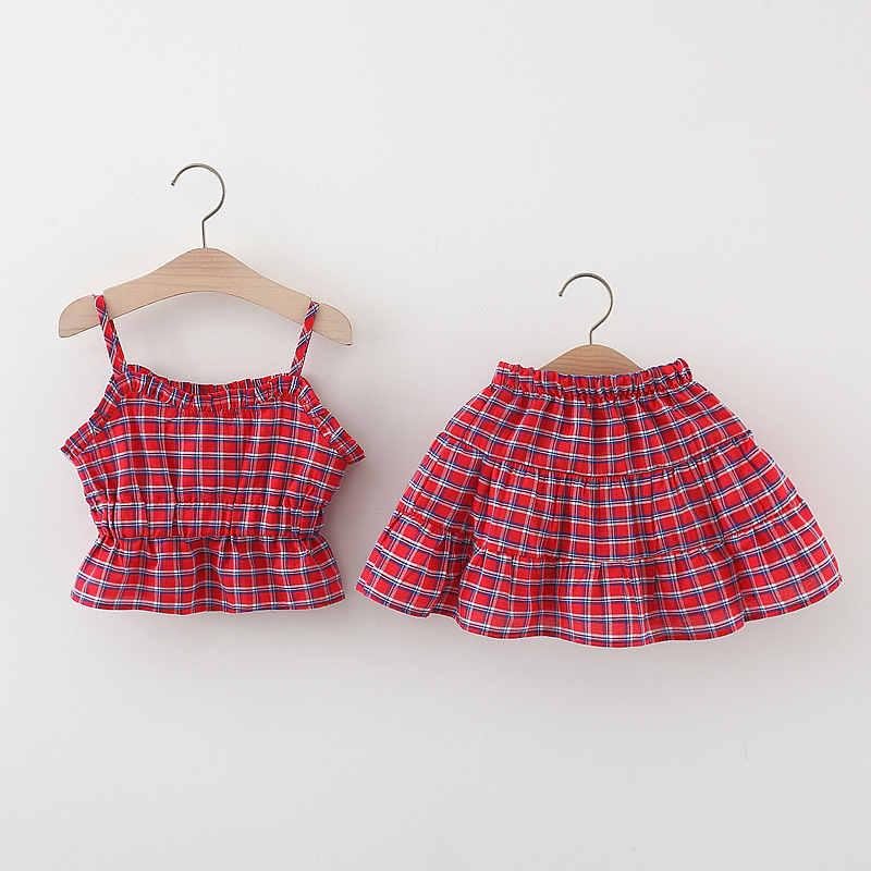 Children's Suit Women's Skirt Summer Rest Children's Wear Sling Two-Piece Set 24 New Baby Plaid Children's Wear Wholesale
