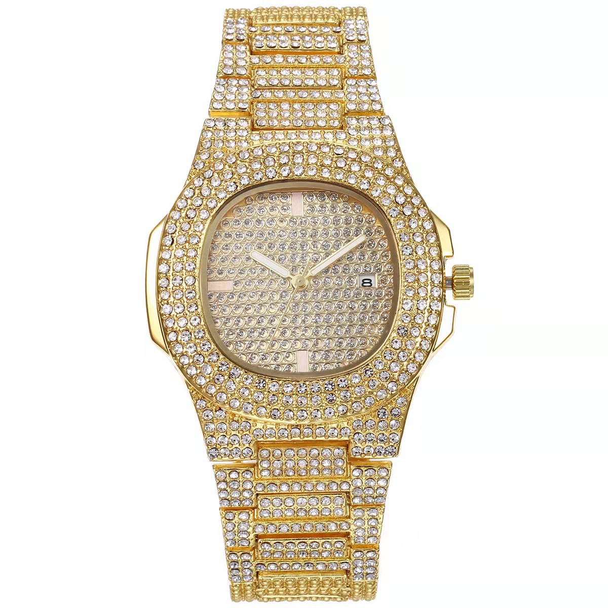 Comercio exterior estrellado acero cinturón hombres reloj hip hop estilo punk reloj pulsera traje diamante calendario hombres reloj de cuarzo