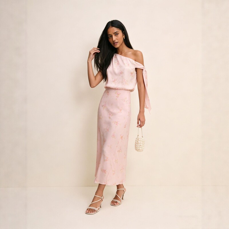 European and American French-Style Resort-Style Off-The-Shoulder Floral Dress for Women, Waist-Cinching, Slimming, Mid-Length, Elegant Long Dress