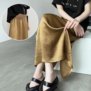 2024 Quality Pregnant Women's Summer Acetate Gold-plated Pleated Texture Light Luxury Satin Xiangyun Veil Rear Split Belly Dress
