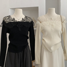 欧玛莱 镂空蕾丝拼接V领针织衫女2025秋冬新款内搭打底衫毛衣5762