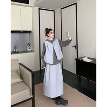 叠穿宽松棉衣马甲连帽打底长袖T恤显瘦半身裙女2024冬季时尚套装