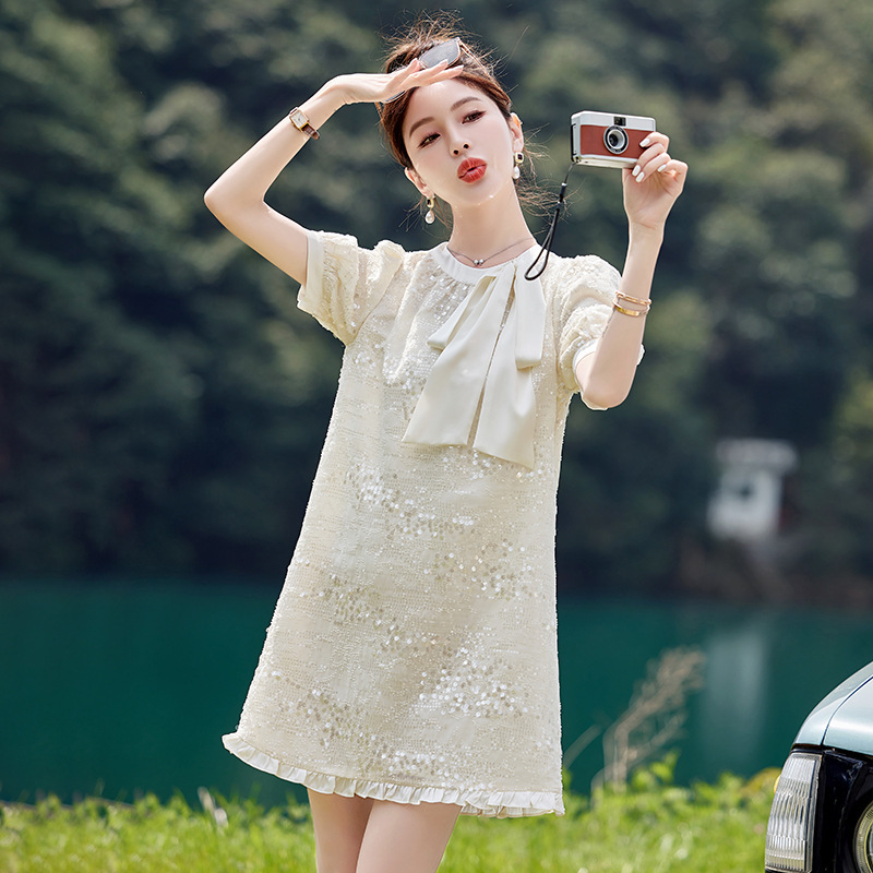 Summer new women's clothing new Chinese style national style clasp mid-length sequin fashion dress HG2829