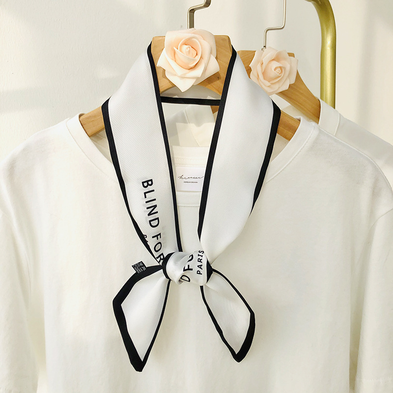 Bufanda de seda francés carta retro delgada bufanda de seda larga estrecha banda de pelo de las mujeres elegante estilo ins bufanda de seda corbata de pelo pequeña bufanda de seda cinta