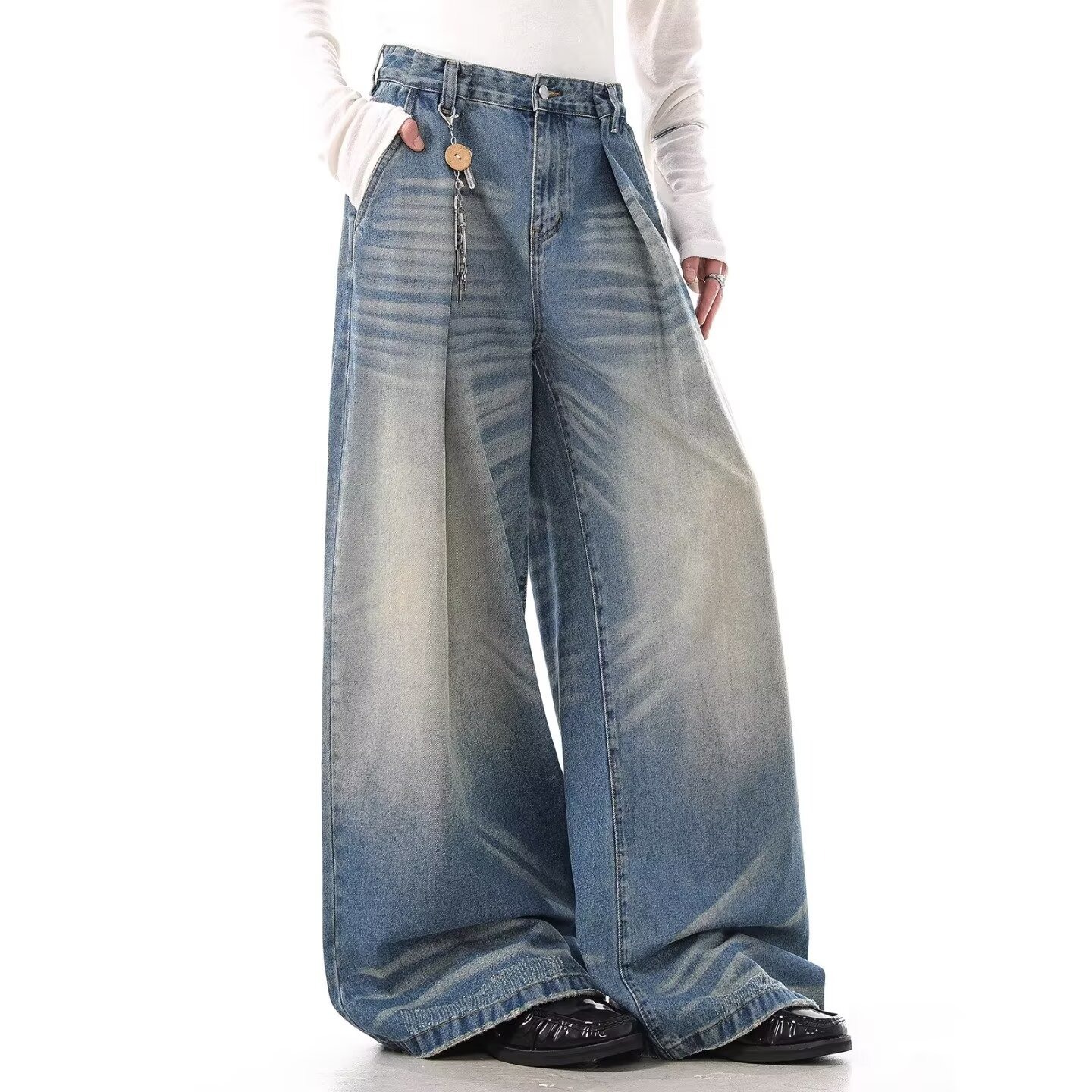High Waist Wide-Leg Vintage Washed Jeans Cat Whisker Distressing Classic Blue S-3XL Men's Clothing Denim Trousers_mkmklike.com