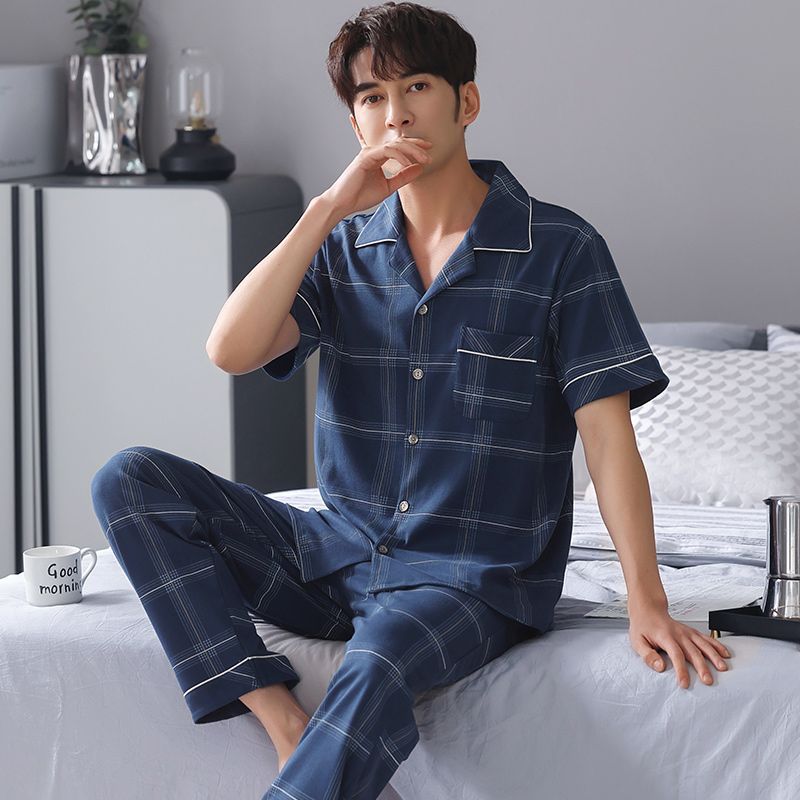 Pijamas de los hombres de verano 100% pantalones de algodón de manga corta cardigan de los hombres ropa de verano delgado más traje de tamaño