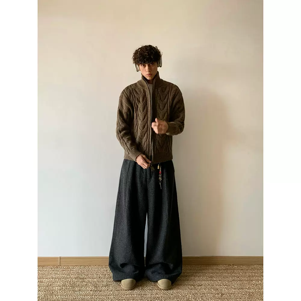 慵懒风纯色麻花开衫毛衣男2025年冬季新款小众设计感针织外套上衣