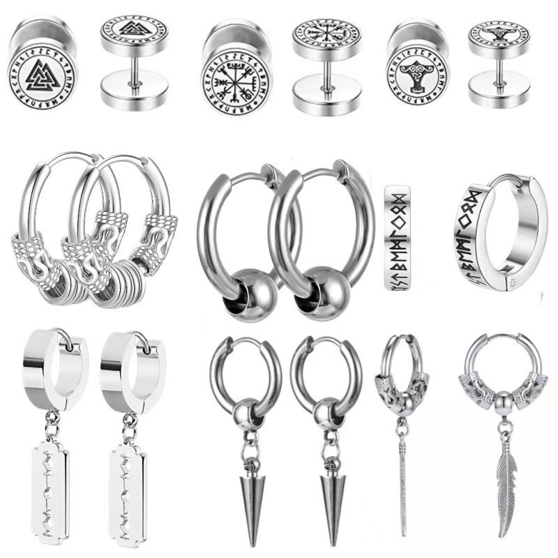 Boucles d'oreilles unisexes noires à fermoir plat, motif runique unique nordique viking, en acier inoxydable, style géométrique classique et tendance._voghion.com