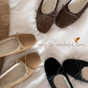 Su Yinyin Wool Shoes with Bowknot, Flat Ballet Shoes, Women's Granny Shoes, Warm, Durable, Versatile, and Simple