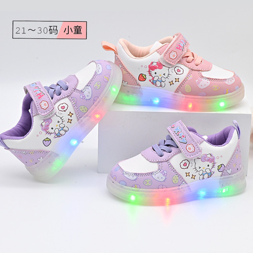 LED Lighted Cartoon KT Cat Slip-On Shoes for Girls and Toddlers Aged 1-3, Soft Sole Learning to Walk Shoes for Spring and Autumn