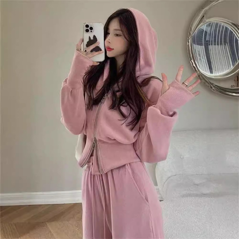 盐系休闲运动服套装女春秋港风复古宽松显瘦连帽卫衣时尚两件套|undefined