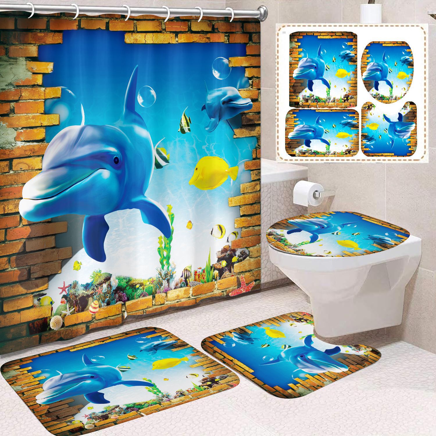 Cortina de ducha transfronteriza con diseño de delfines azules, estampada digitalmente, de poliéster, sin perforaciones, para baño, decoración del hogar image 32