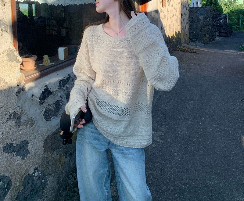 im向 闲暇周末~马海毛镂空提花圆领针织衫女秋宽松慵懒针织罩衫|undefined