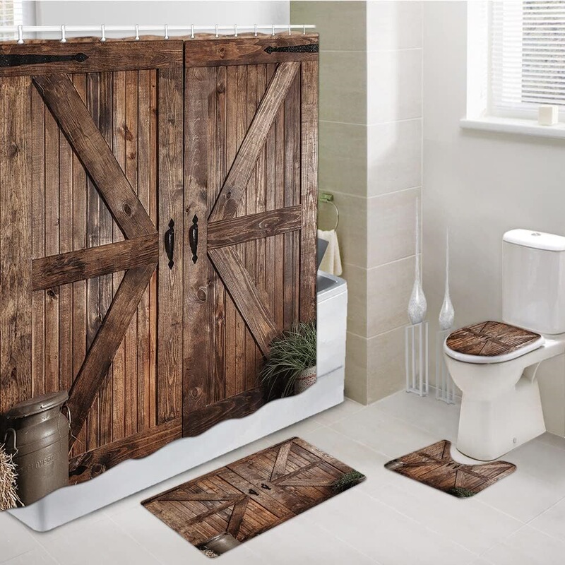 Cross-Border Bathroom Four-Piece Set, Retro Barn Wood Door, American Country Style Shower Curtain, Floor Mat, Toilet Seat Cover, Bathroom Set Cross-Border Bathroom Four-Piece Set, Retro Barn Wood Door, American Country Style Shower Curtain, Floor Mat, Toilet Seat Cover, Bathroom Set