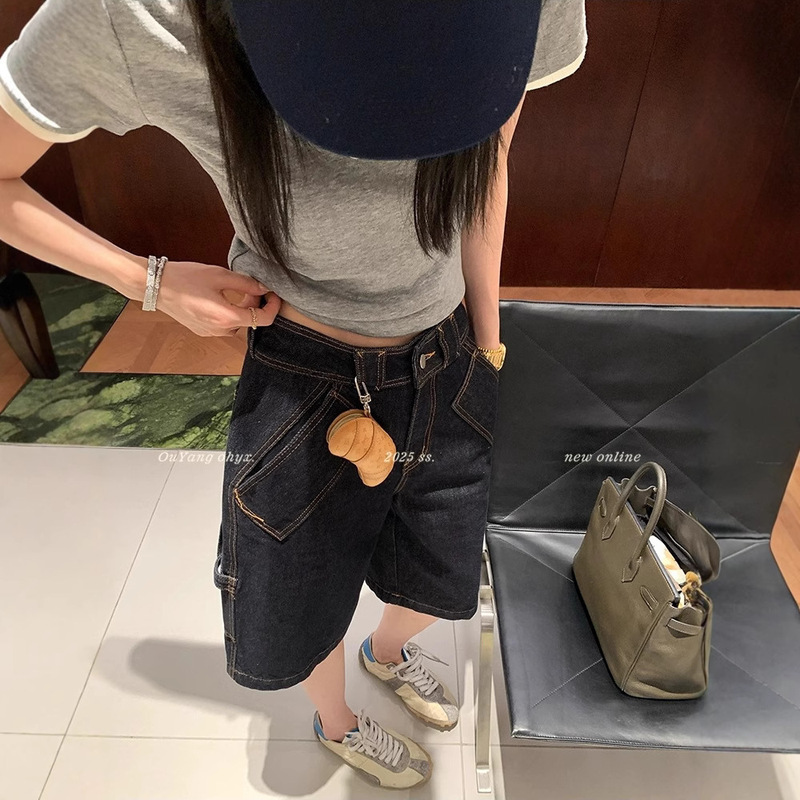 Ouyang Contrasting Color Denim Shorts for Women, Summer Thin Loose Straight Five-Point High-Waisted Slimming Retro Pants
