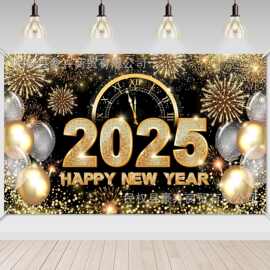 亚马逊新款2025黑金摄影背景布新年跨年烟花装饰派对横幅挂布用品