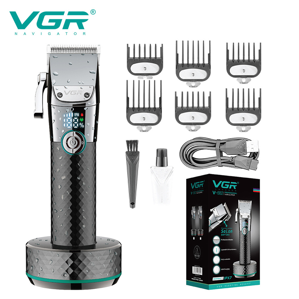 VGR new professional hair clipper LED digital display IPX7 washable electric clipper base rechargeable shaving clipper V-682