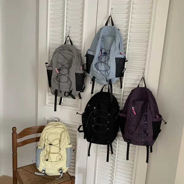 Korean Style New Drawstring Retro Sports and Leisure Color Matching School Bag Fashionable Versatile Backpack Men's Travel Mountaineering Backpack Women