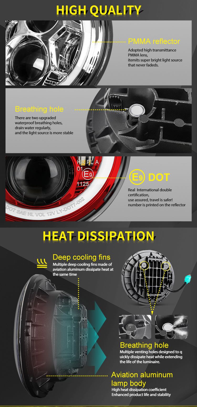Cross-Border Ready Stock Dot Certified High and Low Beam High and Low Beam 7inch Wrangler Modified Headlight