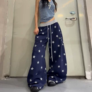美式复古撞色星星弯刀卫裤男女爵士舞宽松阔腿裤休闲裤设计感