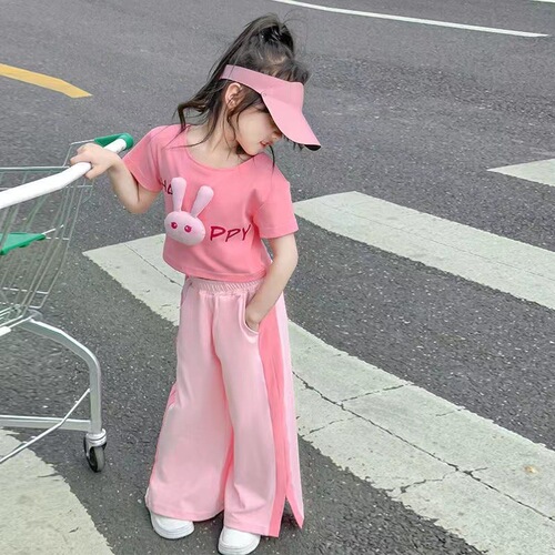 Girls Summer Suit Set  New Children's Wear Internet Celebrity Fashionable Children's Fashionable Wide Leg Pants Summer Two-Piece Set
