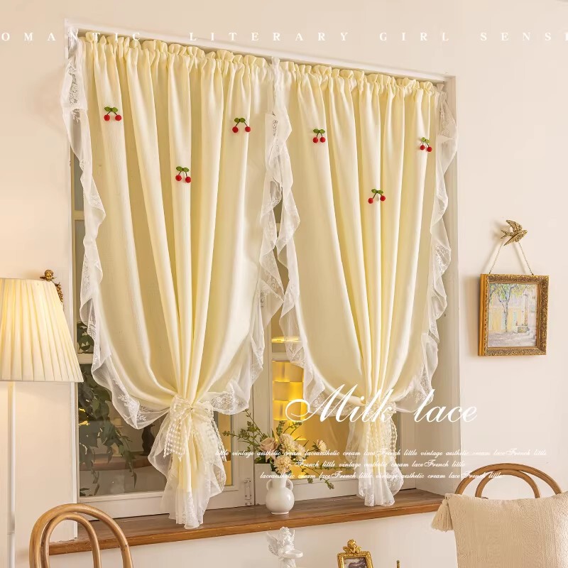French-Style Cream-Colored Sheer Curtain with Lace Ruffles for Girls, Princess-Themed Small Window Curtain, No-Drill Bay Window Door Curtain, Partition Short Curtain French-Style Cream-Colored Sheer Curtain with Lace Ruffles for Girls, Princess-Themed Small Window Curtain, No-Drill Bay Window Door Curtain, Partition Short Curtain