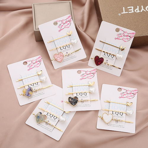 Korean Version New Product Colorful White Powder Elegant Girl Hair Accessories Side Part Hair Clip Set Simple Water Diamond Pearl Heart Shape Set Wholesale