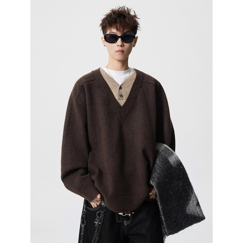Fake Two-Piece V Neck Knitted Sweater Men's Autumn and Winter Retro Lazy Style Polo Pullover Loose Casual Long-Sleeved Top Fake Two-Piece V Neck Knitted Sweater Men's Autumn and Winter Retro Lazy Style Polo Pullover Loose Casual Long-Sleeved Top