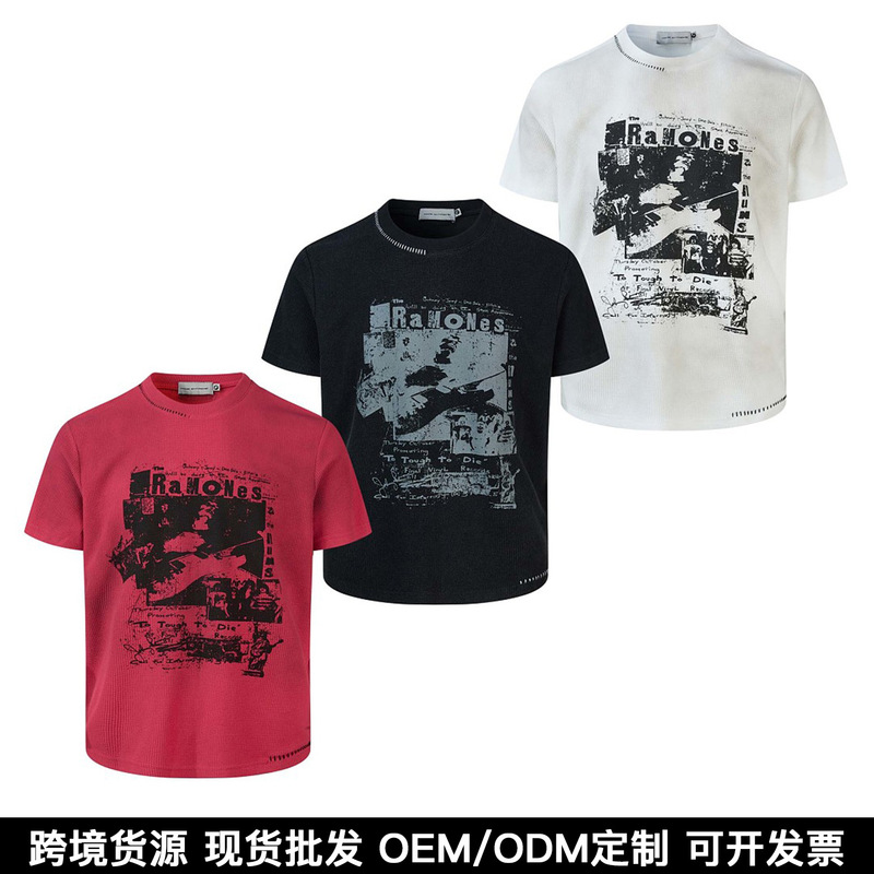 "Band Poster Print" Eme Spray-Washed Vintage Print Waffle Weave Hand-Stitched Loose Casual Short-Sleeve T-Shirt "Band Poster Print" Eme Spray-Washed Vintage Print Waffle Weave Hand-Stitched Loose Casual Short-Sleeve T-Shirt
