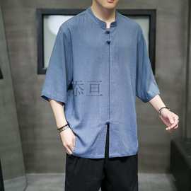 Tg亚麻短袖T恤男薄款衬衫中国风男装夏季中式唐装大码半袖棉麻衣
