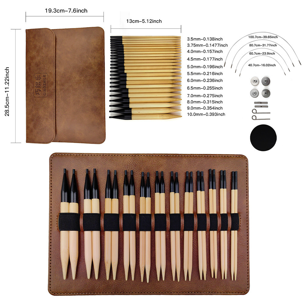 Aguja de suéter transfronteriza Aguja de anillo de bambú con cabeza de aluminio negro Aguja de anillo de bambú blanqueada desmontable Juego de 12 piezas Aguja de lana