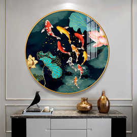 圆形入户玄关装饰画九鱼图餐厅高档挂画现代轻奢走廊过道壁画招财