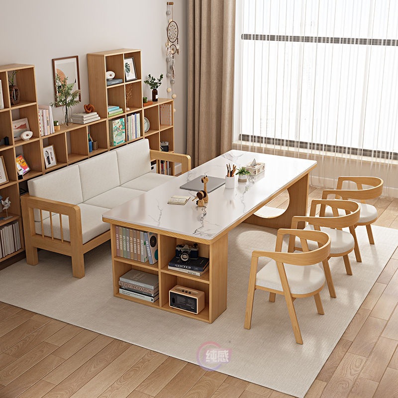 带岩板客厅北欧实木书桌简约现代书架一体加厚桌椅双人沙发椅组合